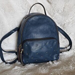 Fossil Blue Leather Backpack with Gold Accents
